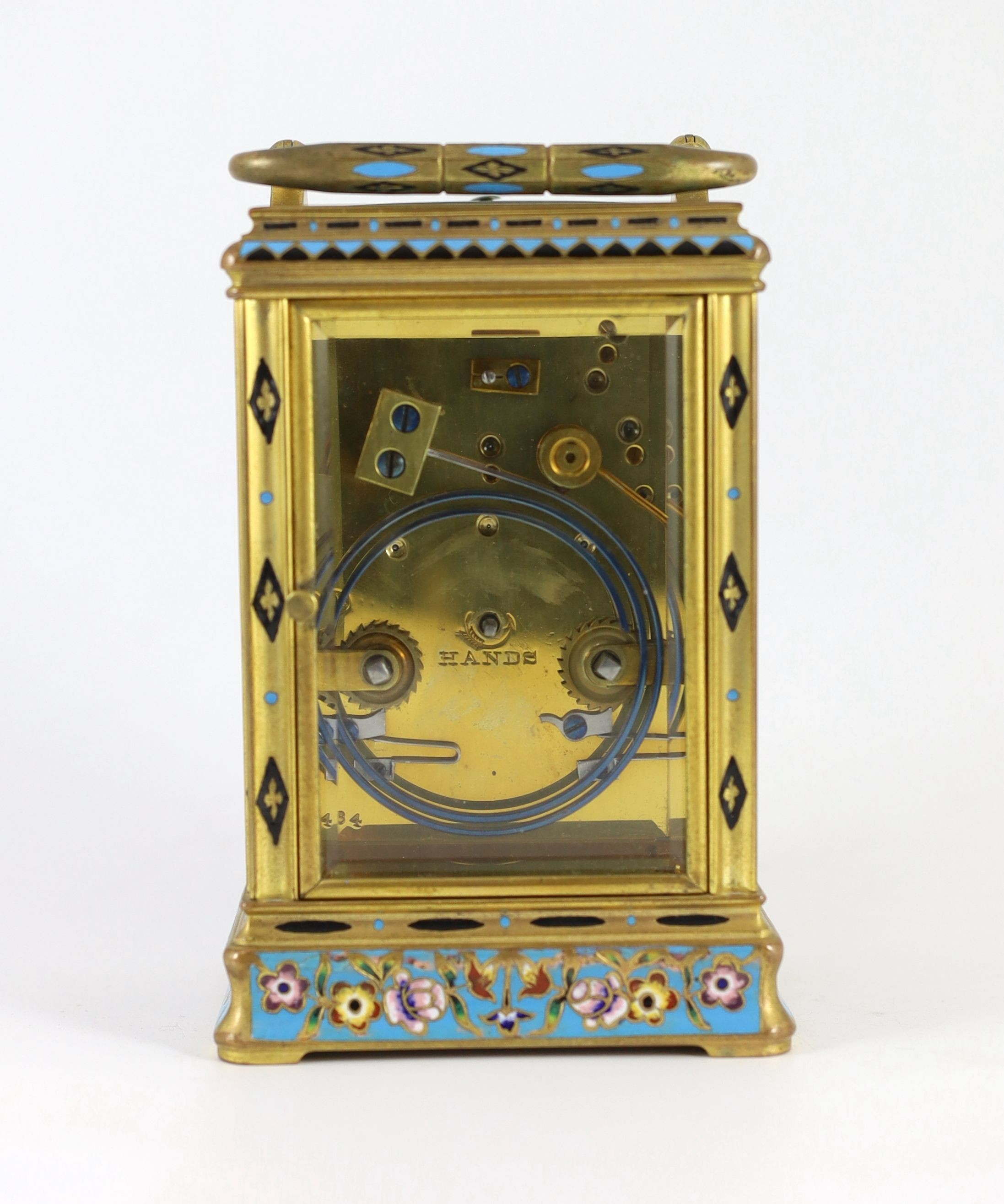 Alfred Drocourt of Paris. A mid 19th century French ormolu and champleve enamel hour repeating carriage clock, width 9.5cm, depth 8cm, height 15cm